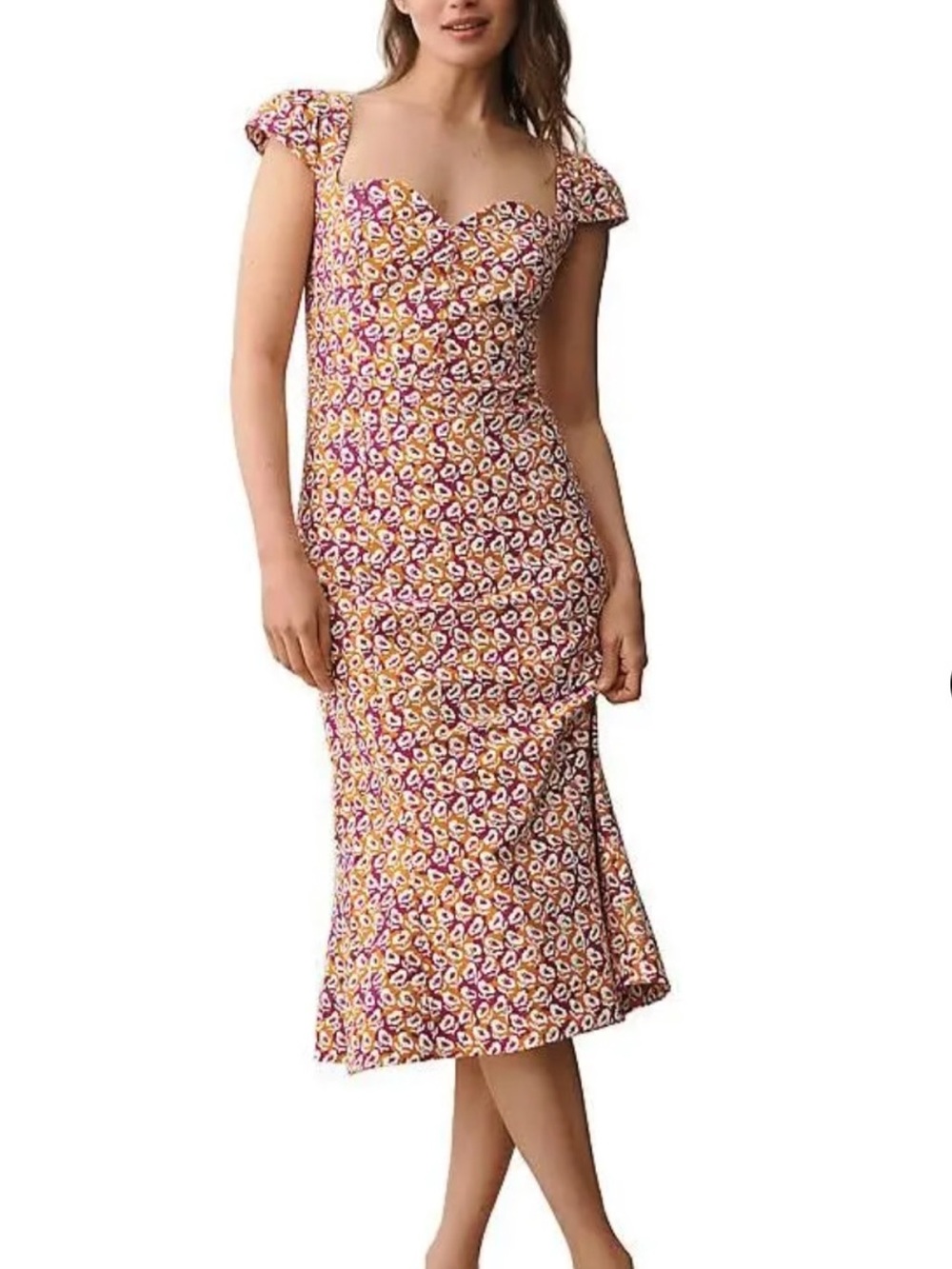 Anthropologie Purple and Yellow Floral Sweetheart Midi Dress